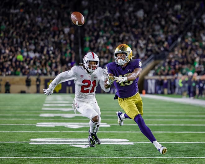 Irish freshman wide receiver Tobias Merriweather (15) is expected to be back in action Friday after concussion issues sidelined him late in the regular season.