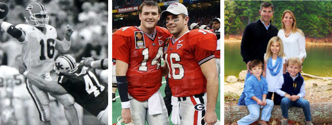 CORY PHILLIPS (L to R): 400 yards passing vs. Kentucky in 2001; posing with David Greene, celebrating an SEC and Sugar Bowl championship season of 2002; and, recently with his family.