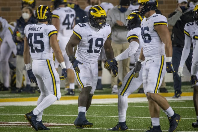 Notre Dame Fighting Irish football graduate transfer linebacker Adam Shibley (No. 45) during his time at Michigan