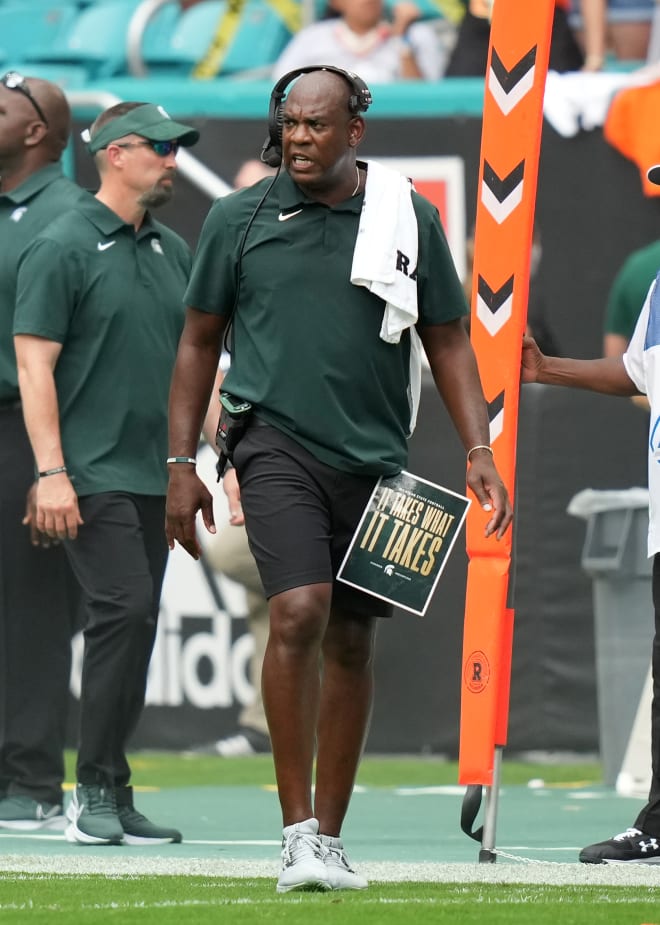 Michigan State Spartans head coach Mel Tucker reacts on the sideline during the second half against the Miami Hurricanes at Hard Rock Stadium, Sep 18, 2021; Miami Gardens, Florida.