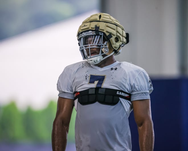 Defensive end Isaiah Foskey and his Guardian Cap on his helmet at a recent Notre Dame football practice.