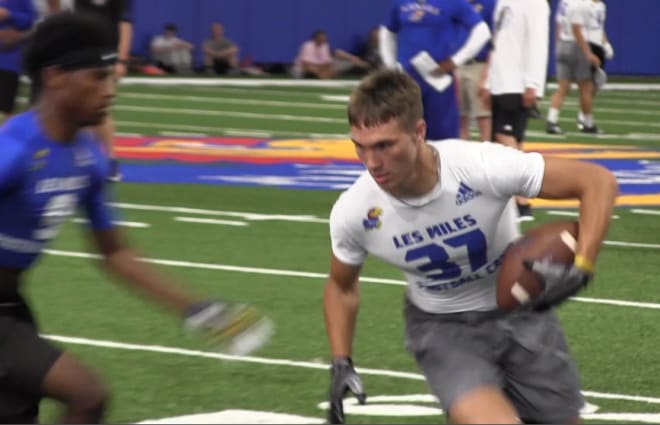 Ray-Pec prospect Luke Grimm made plays at both WR and DB during KU's One Day Camp on Saturday.