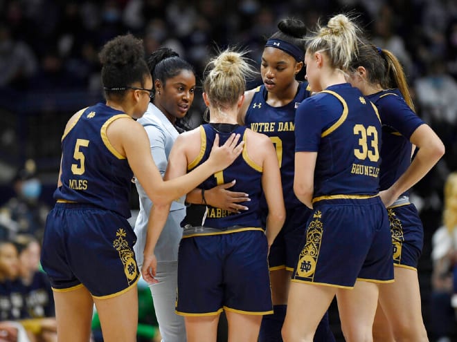 Notre Dame head coach Niele Ivey talks with her team in the second half of the 73-54 loss to UConn on Dec. 5, 2021.