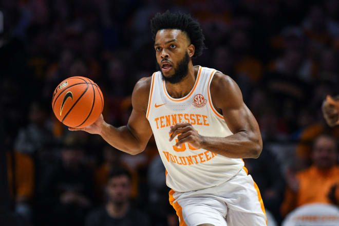 Tennessee guard Josiah-Jordan James (30) dribbles the ball during an NCAA college basketball game between Tennessee and Tarleton State at Thompson-Boling Arena at Food City Center, Thursday, Dec. 21, 2023.