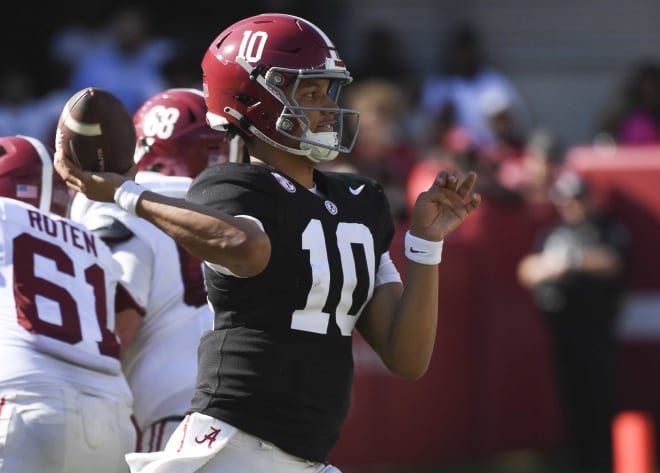 Alabama quarterback Austin Mack (10) throws a pass during the A-Day scrimmage at Bryant-Denny Stadium. Photo | Gary Cosby Jr.-USA TODAY Sports