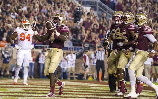 Florida State junior tailback Dalvin Cook celebrates one of his four touchdowns in a 37-34 loss to Clemson.