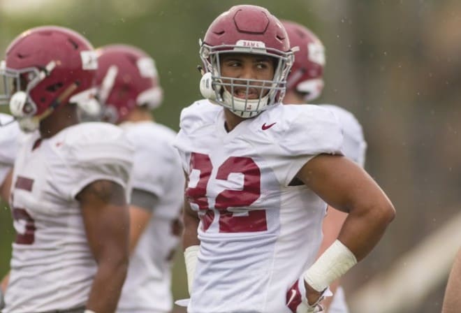 Alabama tight end Irv Smith looks on during a drill in the Crimson Tide's spring camp. Photo | Laura Chramer