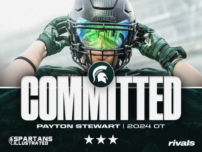 2024 offensive lineman Payton Stewart commits to Michigan State (Graphic by Ben Sonday, original image credited to Payton Stewart/MSU Football)