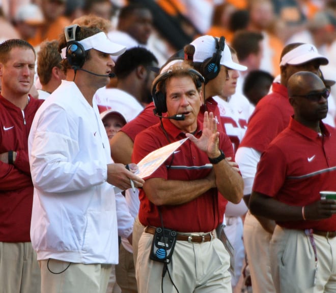 Alabama head coach Nick Saban and Lane Kiffin on sidelines during first half action against Tennessee in Neyland Stadium Saturday, Oct. 15, 2016 in Knoxville, Tenn. Michael Patrick/News Sentinel-Knoxville