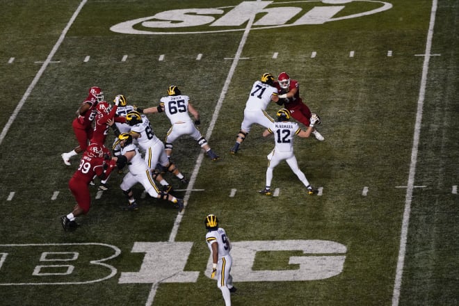 Michigan Wolverines football freshman right guard Zak Zinter (No. 65) made his third career start against Rutgers. 