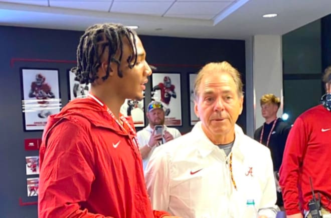 Coach Saban speaks with AJ Harris during his unofficial visit. 