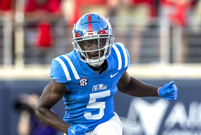 Mississippi wide receiver Zakhari Franklin (5) during the first half of an NCAA football game on Saturday, Sept. 30, 2023, in Oxford, Miss.