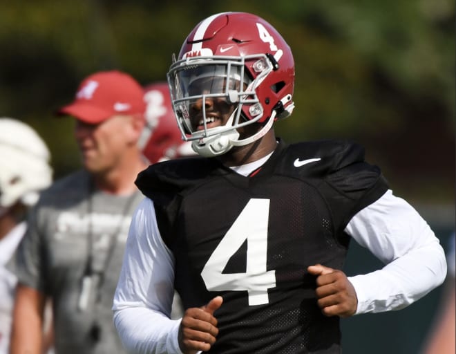 The Crimson Tide works out on the first day of practice for the 2024 season Wednesday, July 31, 2024. Alabama quarterback Jalen Milroe (4) jogs to another position during practice. | Photo: Gary Cosby Jr.-Tuscaloosa News / USA TODAY NETWORK