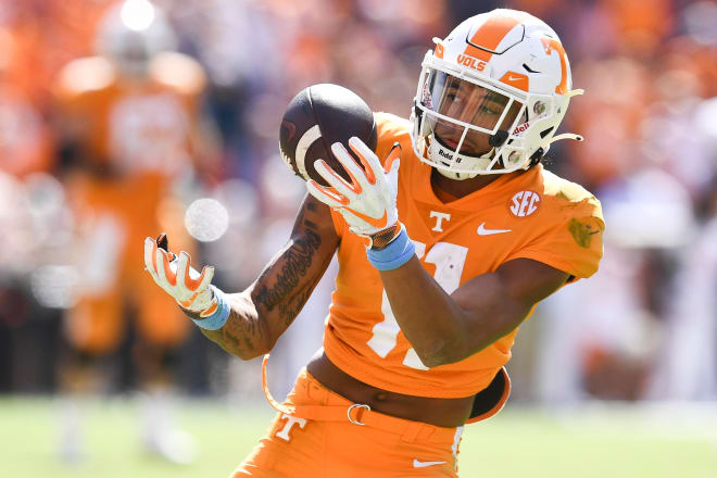 Tennessee wide receiver Jalin Hyatt hauls in a 66-yard touchdown pass from Princeton Fant in the Vols' 65-24 win over UT Martin on Oct. 22, 2022 at Neyland Stadium. 