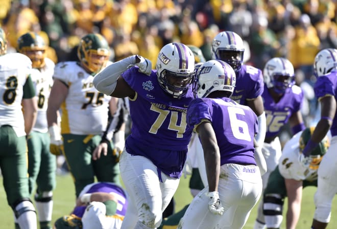 James Madison senior defensive tackle Simeyon Robinson celebrates a sack during the Dukes' loss to North Dakota State at the FCS championship game in Frisco, Texas.