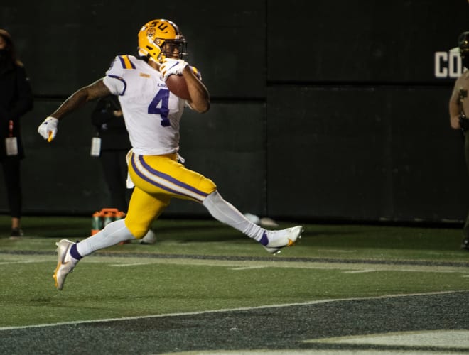 LSU running back John Emery Jr., seen here scoring in the only 100-yard rushing game of his career vs. Vanderbilt in September 2020, returns to the field today vs. Mississippi State after a 15-game suspension for academic ineligibility.
