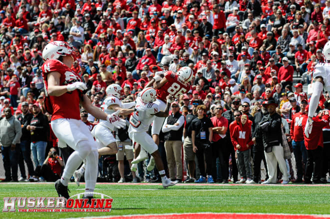 Husker tight end AJ Rollins making a catch during the Red-White spring game