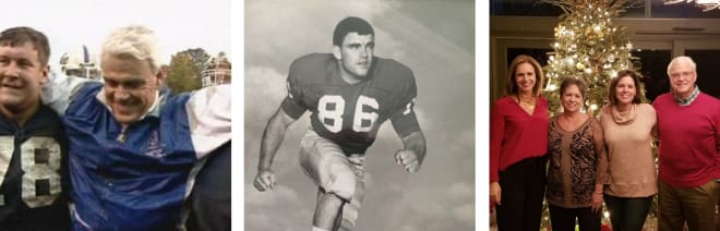 BARRY WILSON (L to R): Goes out a winner in his final home game as head coach of Duke—a 21-20 victory over No. 22 NC State in 1993; Georgia’s team captain of Vince Dooley’s first Bulldog team of 1964; With his wife, Kay, and daughters, Tricia and Barrie.