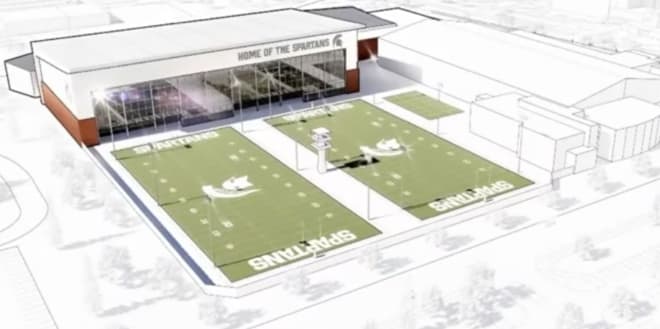 The massive windows on the Tom Izzo Football Building will look out onto the practice fields and toward Spartan Stadium across Shaw Lane.
