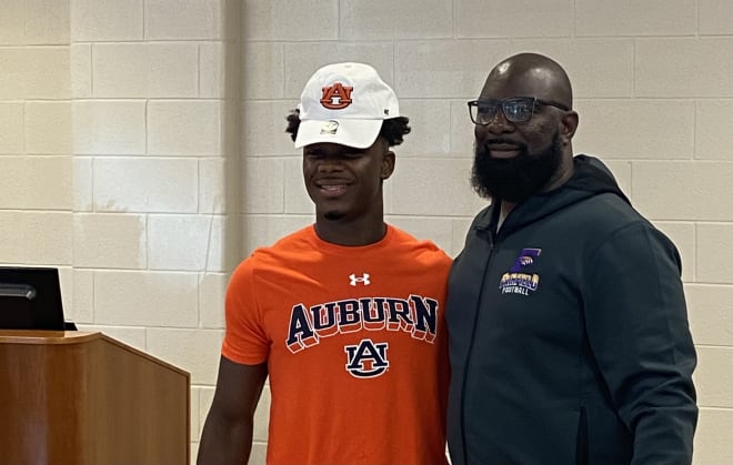 New Auburn commit Kobi Albert and his high school coach Keon Handley.