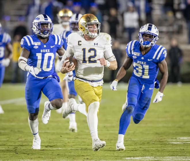 Quarterback Ian Book rushed for a career high 139 yards on 12 carries at Duke last year, and completed 18 of 32 passes for 181 yards and four scores in the 38-7 win.