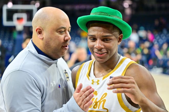 Notre Dame coach Micah Shrewsberry (left) and point guard Markus Burton found out a lot about Burton's supporting cast during a three-game, 10-day tour of Spain earlier this month. 