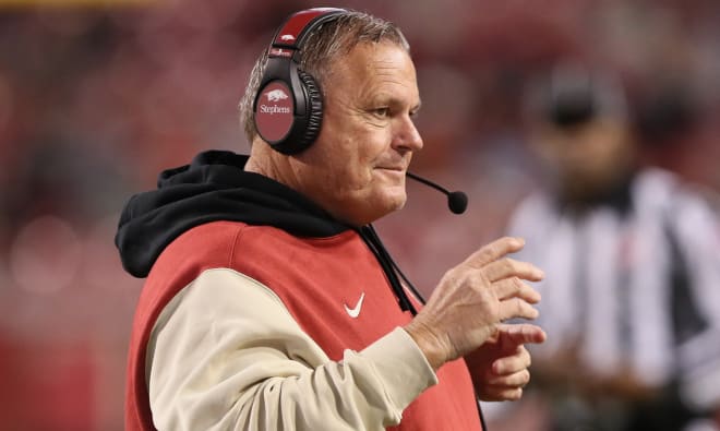 Arkansas head coach Sam Pittman during the FIU game on Nov. 18 at Razorback Stadium in Fayetteville.