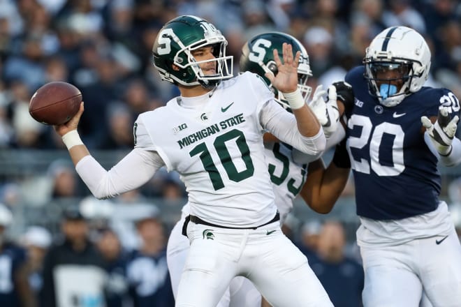Michigan State Spartans quarterback Payton Thorne (10) throws a pass during the first quarter against the Penn State Nittany Lions at Beaver Stadium. Nov 26, 2022; University Park, Pennsylvania