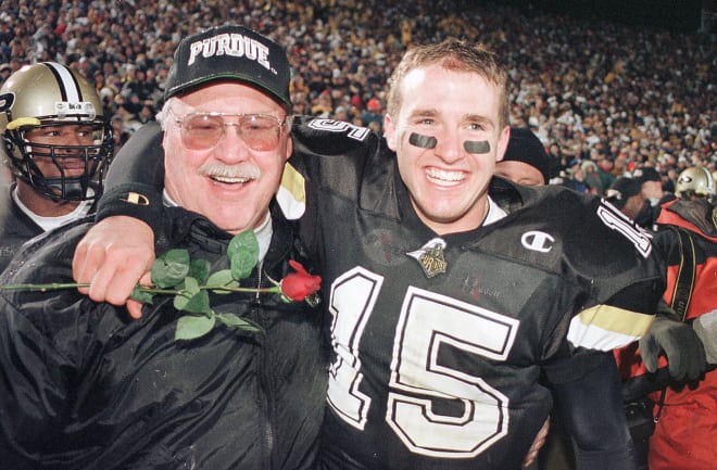 Joe Tiller and Drew Brees shared one of the greatest moments in Purdue football history on a cold November evening in Ross-Ade Stadium. 