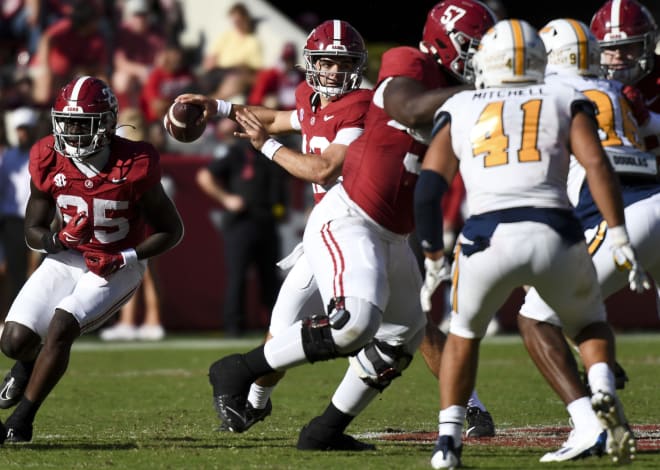 Alabama Crimson Tide quarterback Dylan Lonergan (12) throws against the Chattanooga Mocs at Bryant-Denny Stadium. Alabama won 66-10. Photo | Gary Cosby Jr.-USA TODAY Sports