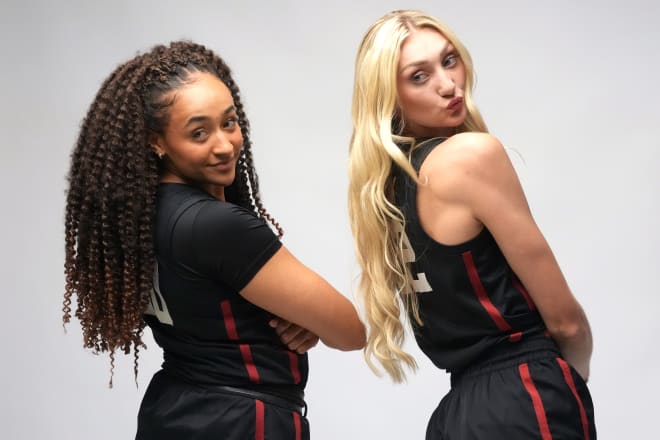 Haley Jones (left) and Cameron Brink (right) pose at Pac-12 Media Day. 