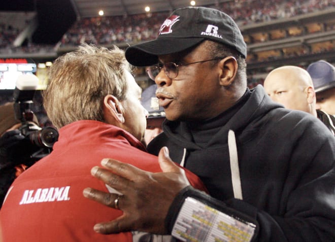 Mississippi Coach Sylvester Croom congratulates Alabama Crimson Tide head coach Nick Saban at Bryant Denny Stadium. The Tide defeated the Bulldogs 32-7. Photo |  Marvin Gentry-USA TODAY Sports