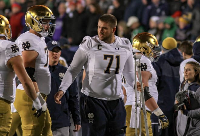 Former Irish standout Alex Bars remained heavily involved with the offensive line after his season-ending knee injury.