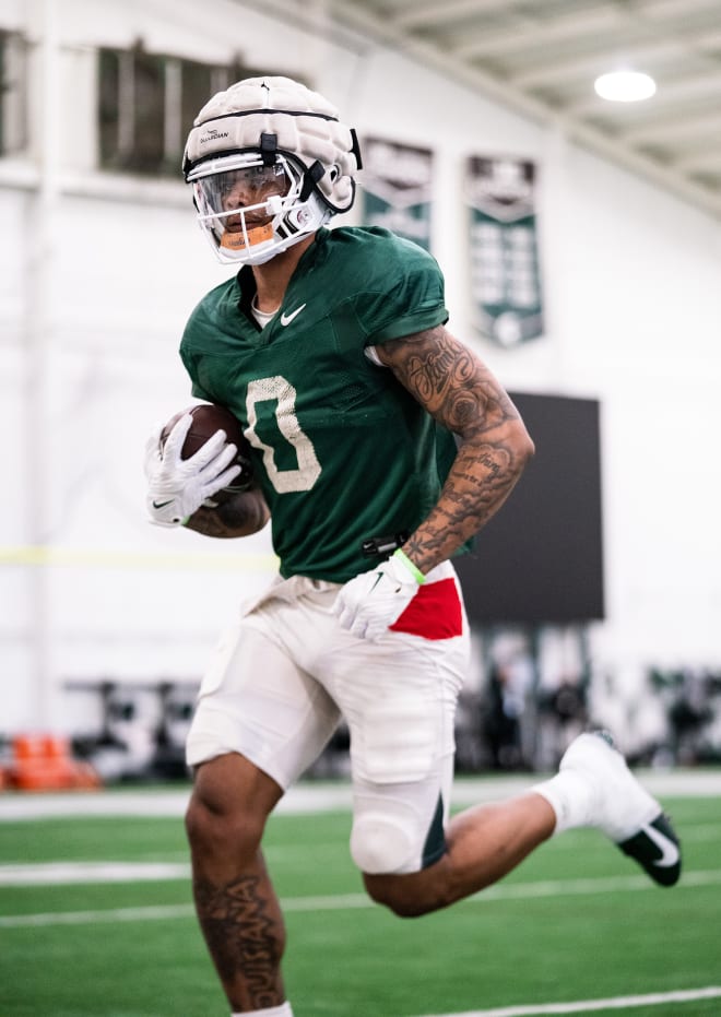 Michigan State wide receiver Keon Coleman at a spring practice 