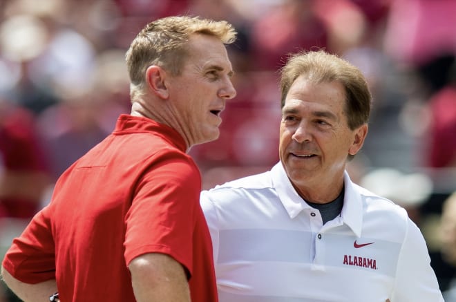 labama head coach Nick Saban and Arkansas State head coach Blake Anderson talk at midfield before the Alabama vs. Arkansas State game at Bryant Denny Stadium in Tuscaloosa, Ala., on Saturday September 8, 2018. Photo | Mickey Welsh