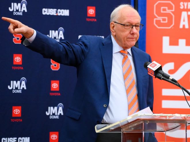 Mar 10, 2023; Syracuse, New York, USA; Former Syracuse Orange head coach Jim Boeheim gestures during a press conference at the Carmelo K. Anthony Basketball Center. Mandatory Credit: Rich Barnes-USA TODAY Sports