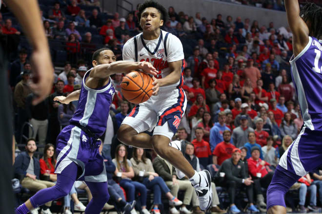 Ole Miss Rebels guard Daeshun Ruffin (2) drives to the basket as Kansas State Wildcats guard Markquis Nowell (1) defends during the second half at The Sandy and John Black Pavilion at Ole Miss on Jan. 29. Mandatory Credit: Petre Thomas-USA TODAY Sports