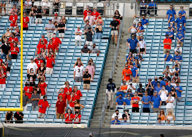 Georgia Bulldogs and Florida Gators fans during the annual Florida Georgia rivalry game at TIAA Bank Field in Jacksonville, Fla. Nov. 7, 2020. The Florida Gators beat the Bulldogs 44-28. 