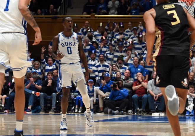 Duke's Dariq Whitehead celebrates after hitting a 3-pointer against Florida State. 