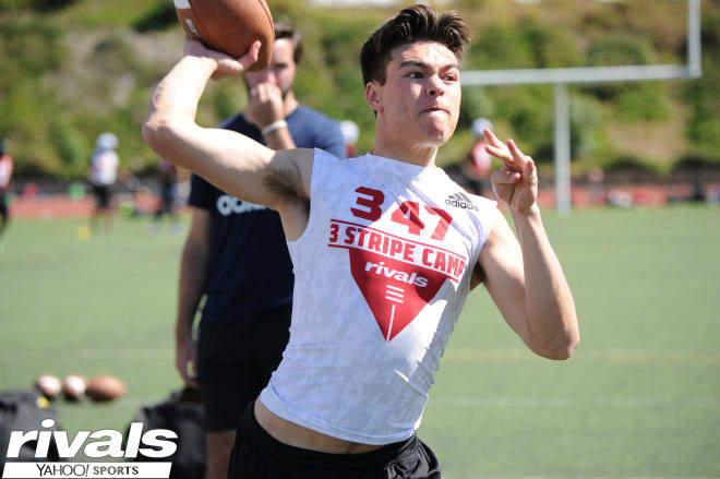 Boise State commit, Hank Bachmeier goes through drills earlier this year at the Rivals 3 Stripe  Camp in Las Angeles on March 4th , 2018 