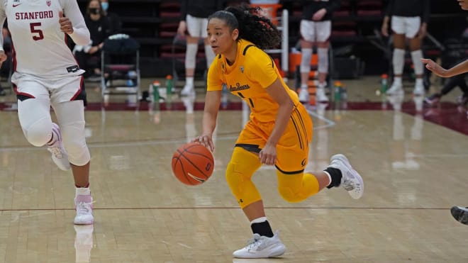 Cal sophomore Leilani McIntosh pushes the ball in transition 