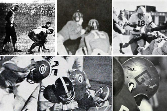 Clockwise from top left: From the 1900 Georgia Tech game, some UGA players sporting headgear; Georgia's two-tone leather helmets in 1937; new white jerseys for the '46 Oil Bowl; Georgia's sudden, and seldom-used "G" helmet logo in 1962; the Bulldogs' revamped look against Alabama to open the '64 campaign.