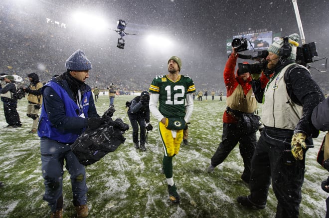 "If it ever snows like this at the Neal's Picks Palace, they won't be able to find that white dog. I'm concerned. What's that dog's name? Did they ever name it?" -- Aaron Rodgers