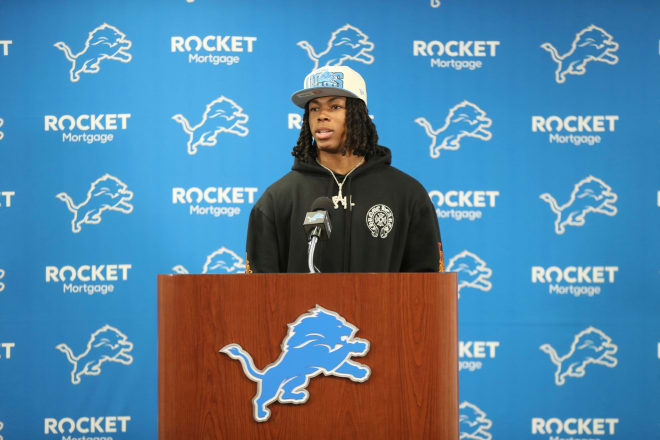 Detroit Lions first-round draft pick Jahmyr Gibbs from Alabama talks with reporters during the players' introductory news conference at team headquarters in Allen Park on Friday, April 28, 2023. Photo | Kirthmon F. Dozier / USA TODAY NETWORK