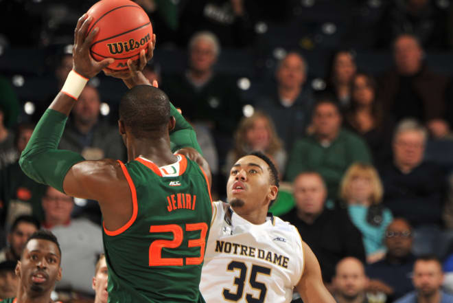 Bonzie Colson scored 11 points in Notre Dame’s loss to No. 7 Miami on Wednesday night.