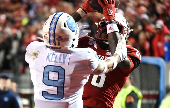 NC State senior wide receiver Emeka Emezie scored twice within 26 seconds Friday in the Wolfpack's 34-30 win over North Carolina.