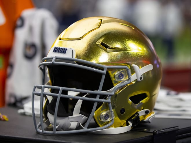 A Notre Dame football helmet at the 2022 Fiesta Bowl.