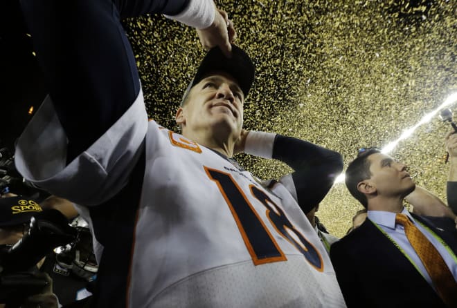 Denver Broncos quarterback Peyton Manning leaves the field after winning Super Bowl 50 over the Carolina Panthers, 24-10, Sunday in Santa Clara, Calif.