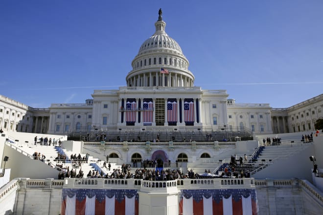The U.S. Capitol looms behind the stage in which Donald Trump will be sworn in as president of the United States.
