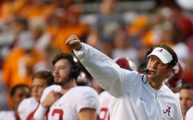 Alabama offensive coordinator Lane Kiffin signals to the offense during the final drive of the Crimson Tide's dominating 49-10 win Saturday, October 15, 2016 at Neyland Stadium in Knoxville, Tennessee.